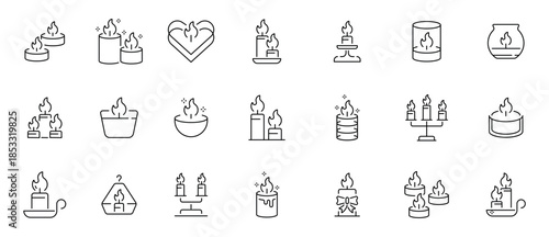Candle and light editable line icons set. flame and decorative illustration