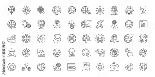 Global communication editable line icons set with vpn and internet symbols