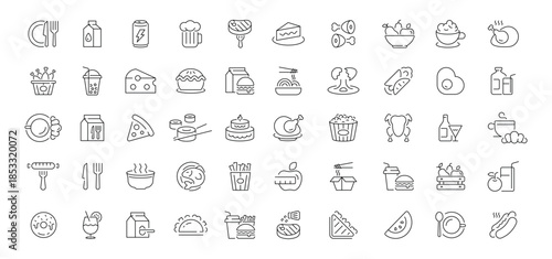 Food and beverage editable line icons set. culinary and dining outline symbols