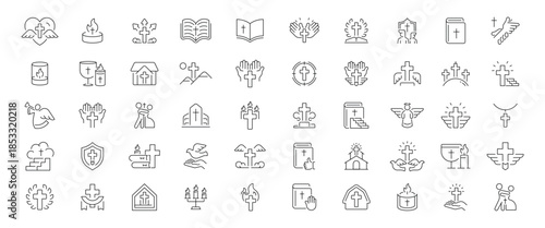 Religion and faith editable line icons set: worship and spirituality symbols