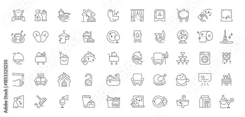 Home and hospitality editable line icons set. cleaning and house care symbols