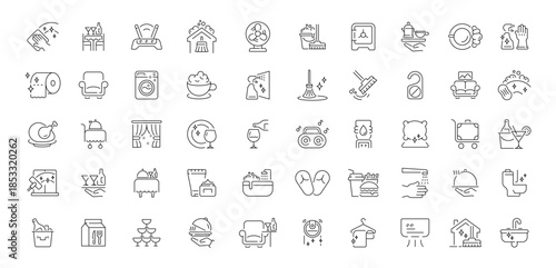 Cleaning and housework editable line icons set: chores and household symbols