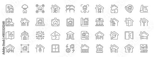 Real estate editable line icons set: property and home design graphics