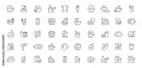 Food and drink icons set. editable line icons, outline, cuisine, beverage symbols