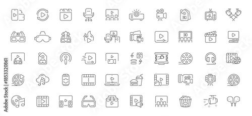 Entertainment and media editable line icons set. cinema and broadcast symbols