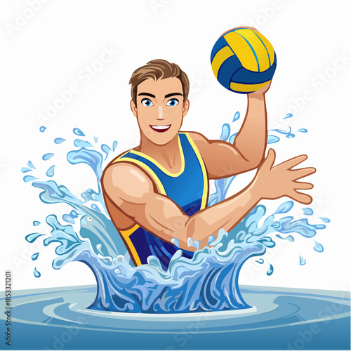 Energetic male water polo player in action, mid-throw, surrounded by splashing water, vibrant athletic illustration