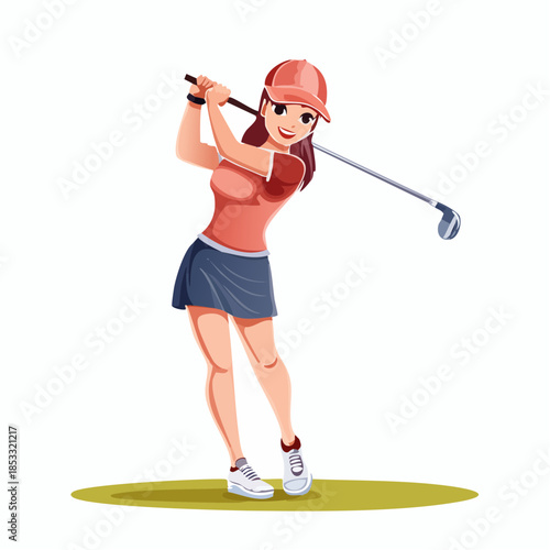 Vibrant illustration of a cheerful woman golfer mid-swing, enjoying a recreational sport activity with a focused and athletic posture, embodying a dynamic and active leisure pursuit