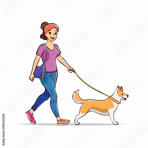 Happy young woman enjoying a refreshing outdoor walk with her beloved pet dog on a leash, illustrating a pleasant moment of companionship and healthy lifestyle