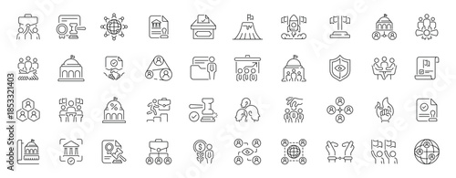 Business strategy editable line icons set: linear, management and teamwork symbols