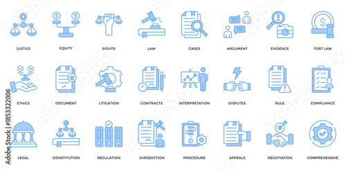 Comprehensive Legal Learning icon set. Containing justice, equity, rights, law, ethics, litigation, constitution, regulation icon. Lineal blue style