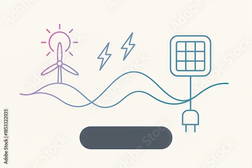 Renewable energy symbols depicting sun, wind turbine, lightning, and electric plug representing future sustainability and innovation in energy management systems