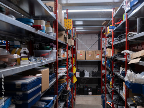 Automotive parts storage with organized shelving displaying various components fluids and supplies in warehouse setting