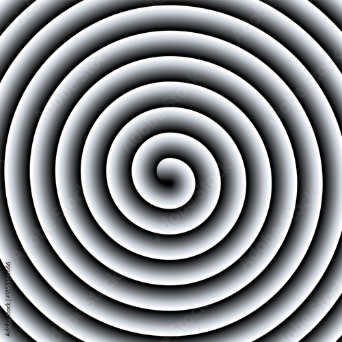 Hypnotic spiral, hypno disc creating an optical illusion known as peripheral drift or motion illusion. Archimedean spiral with gray gradient. Focusing on the center the swirl appears to move outwards.