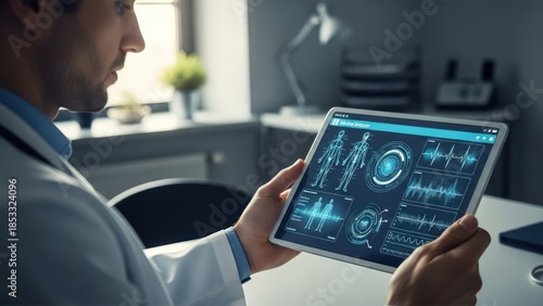 A doctor in a white coat examines medical data displayed on a tablet computer