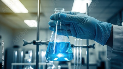 A gloved hand holds a flask with blue liquid in a lab setting, focused on science