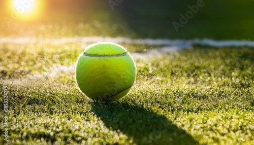 tennis ball on wimbledon grass court with morning dew and sunlight highlighting dynamic action