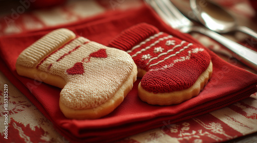 Cookies shaped like stockings and mittens on a red napkin ,Cristmas, photo style