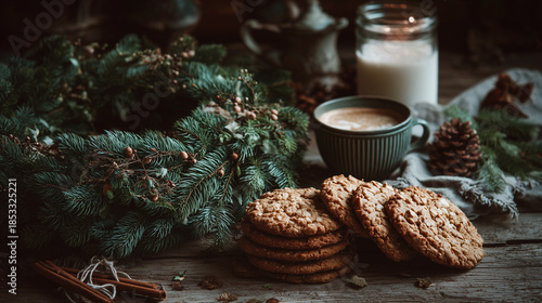 A festive morning scene with cookies next to a Christmas wreath ,Cristmas, photo style