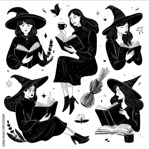 Create a vector image black white clipart transparent background Witches reading books with witchy elements in the shot Simple bold design