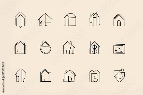 Minimal architectural handdrawn icon set fine ink sketch style clean black lines on beige background modern yet traditional imperfect outlines inspired by arc