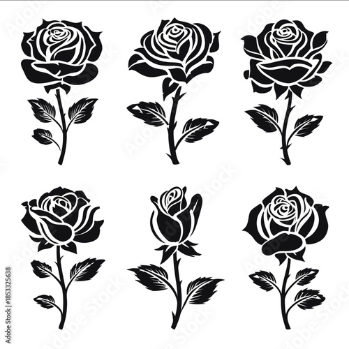 Six stylized black and white rose silhouettes symmetrical and detailed each rose with a distinct classic outline displaying detailed petals leaves and stems o
