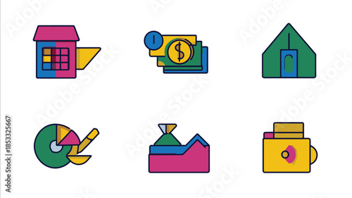 Create a set of nine colorful modern minimal vectorstyle icons with thick outlines displayed on a white background All icons should be related to the theme of