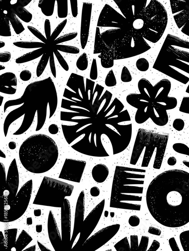 Latin tropical abstract texture pure black over white background seamless pattern