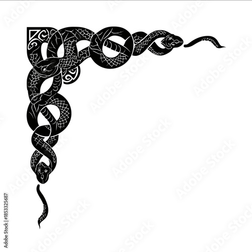 Vector graphic of simple corner decoration element vector illustration on a white background Black silhouettes of decorative corner with snakes ornaments for