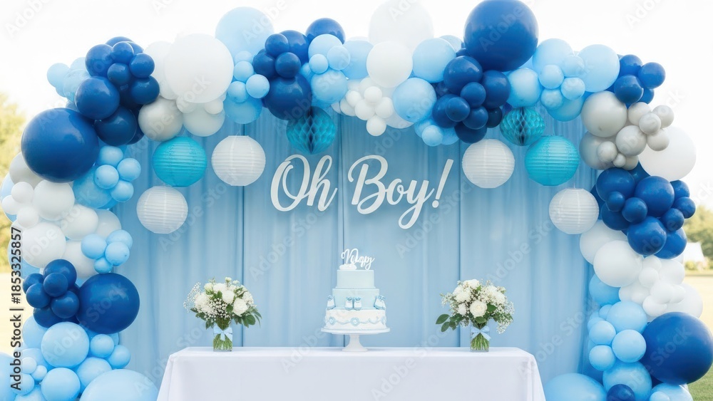 Fototapeta premium Baby shower backdrop with blue, white balloons, 