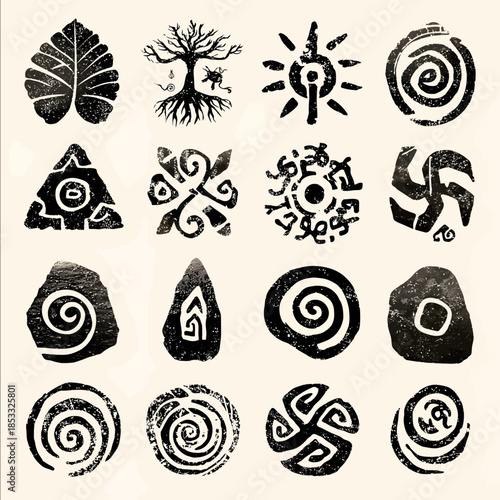 a collection of ancient druidic symbols and abstract magical signs carved or inked style organic shapes inspired by nature leaves roots spirals and stones han