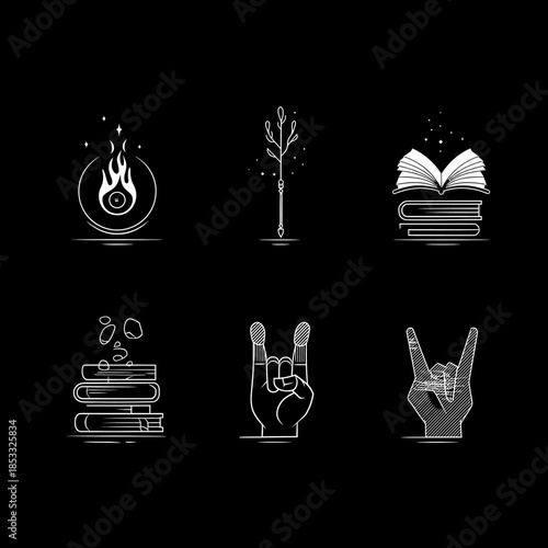 set of 6 cool minimalistic vector icons for tshirt design Magic fireball magic staff open book stack of books rock hand a hand making the devil horns gesture.