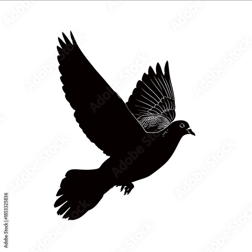 Silhouette of dove flying vector illustration white background clip art for sticker in the style of black on white