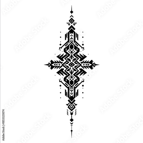 vertical tribal totem design sacred geometry cyber shamanic style elongated symmetrical shape complex black vector linework futuristic mystical symbols high c