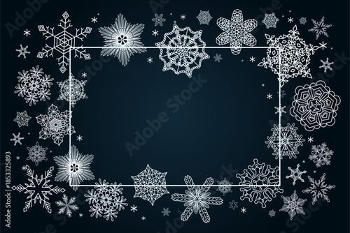 Snowflakes, white falling snow frame with copy space, border, background. Line drawing. Hand drawn vector illustration. Seasonal, winter design, blue backdrop, banner. Different shapes, ice crystals