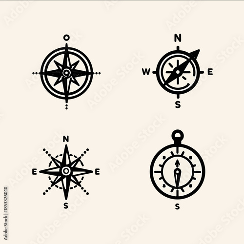 5 map compass icons simplified black and white clean lines