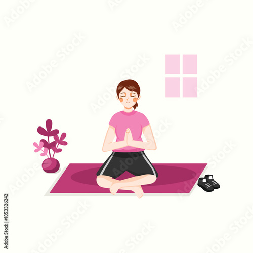 A flat illustration of a woman practicing yoga meditation indoors, representing mindfulness, relaxation, and a healthy lifestyle.