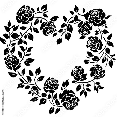 roses go around border heart stencil black and white