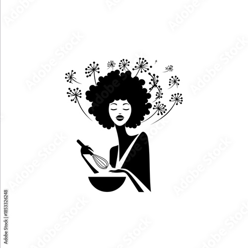 Minimalist logo design for a bakery A graceful Black woman with a calm and joyful expression her hair made of stylized dandelion flowers and seeds representin