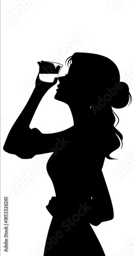 Silhouette of a lady with her hand on her head holding a glass up to her ear and drinking from it against a white background in a simple vector art style clip