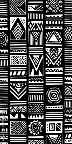 Abstract tribal pattern inspired by African textiles handdrawn geometric shapes isolated on a black background highresolution and perfectly cut out perfect fo