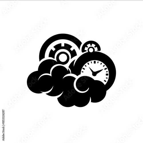 The logo of the combination of clouds and clocks black and white negative Japanese style simple flat and highend
