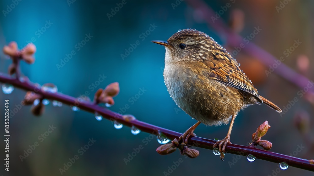 Obraz premium Small bird perched on a branch with water droplets in a serene environment