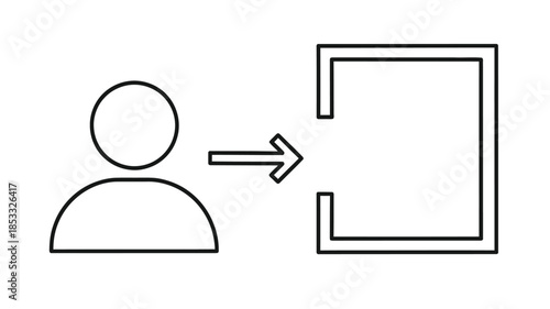 Person entering a doorway or portal depicted with a simple line art illustration