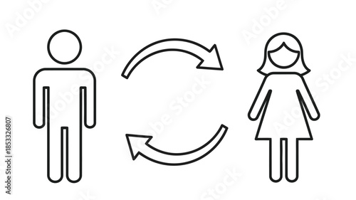 Simple line drawing of a male and female figure with a circular arrow between them