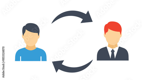 Two profile silhouettes with reciprocal arrows indicating interaction and exchange between individuals