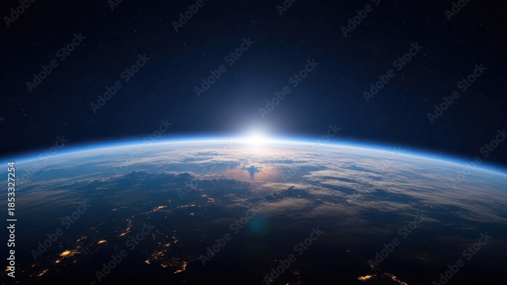 Obraz premium Distant view of planet Earth at sunrise from outer space, stars visible