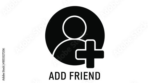 A simple black and white icon depicting a person with a plus sign labeled add friend