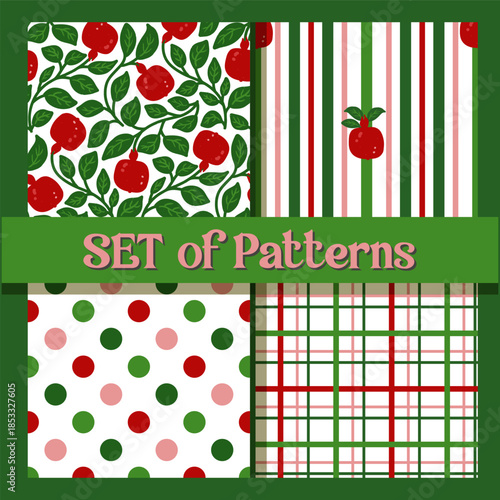 Elegant Pomegranate and Leaf Seamless Pattern Collection in Soft Pastel Botanical Style