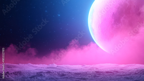 Vibrant neon pink and turquoise moon landscape with crater and starry sky