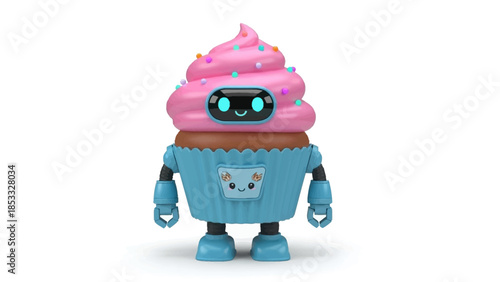 Cute robot cupcake with pink frosting and colorful sprinkles standing alone